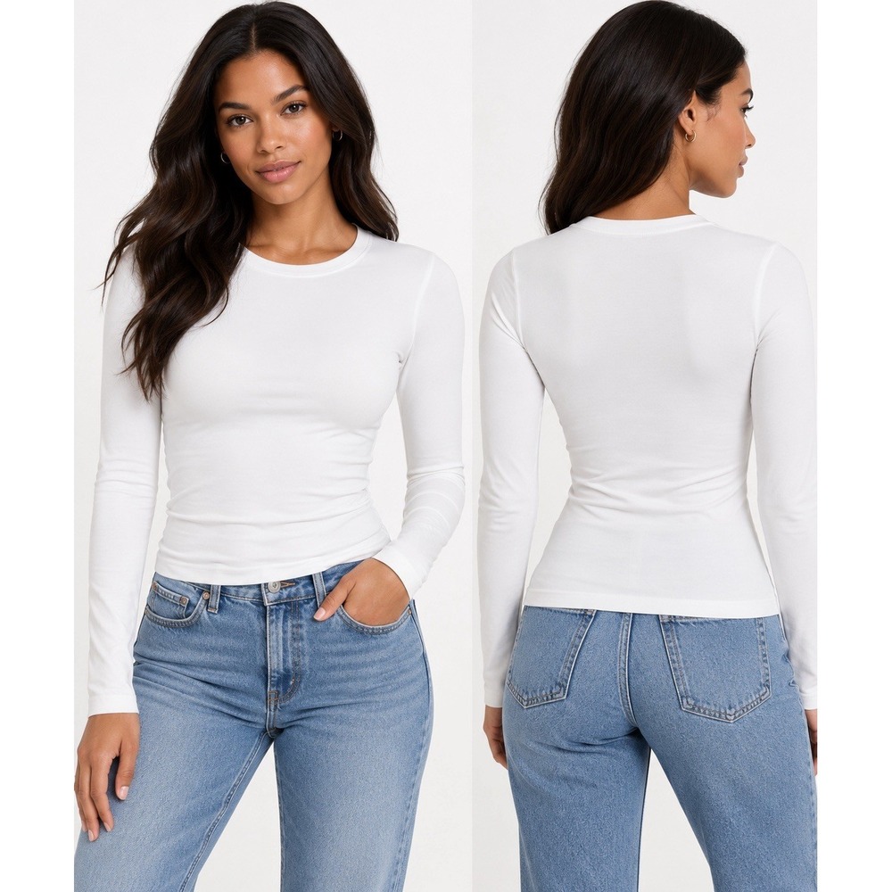 Aritzia Seamless White Long Sleeve Fitted Stretch Crewneck Top XS